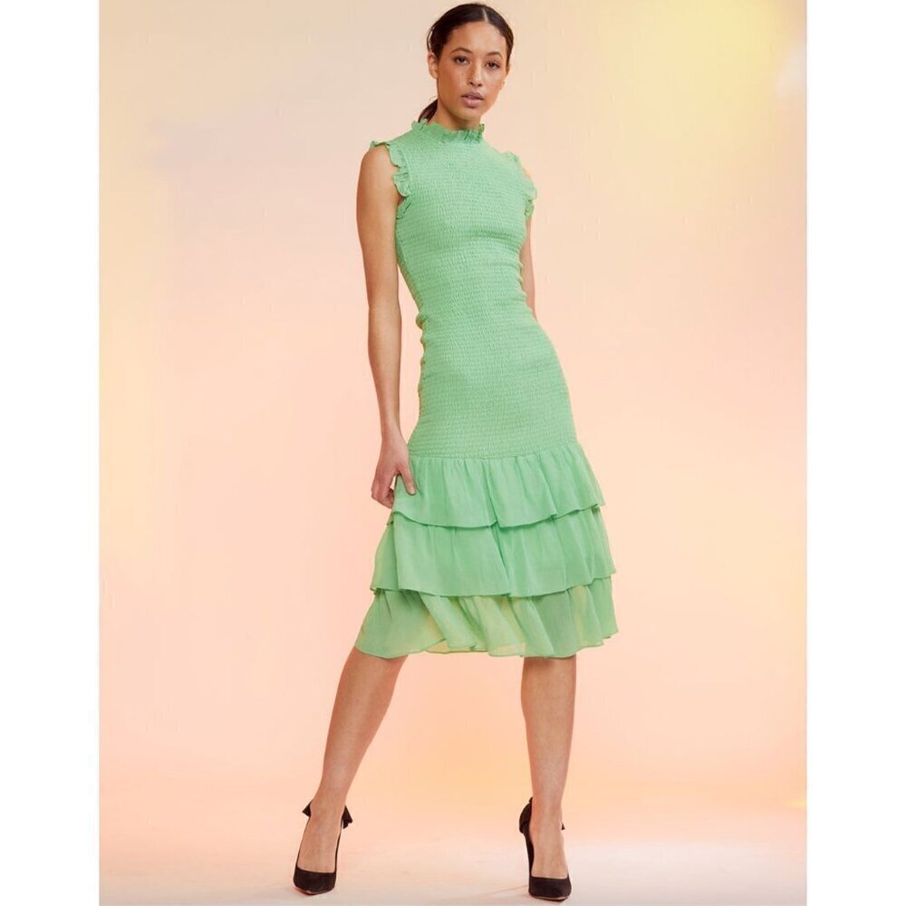 Cynthia Rowley April Smocked Ruffle Midi Dress Green Womens Size 4